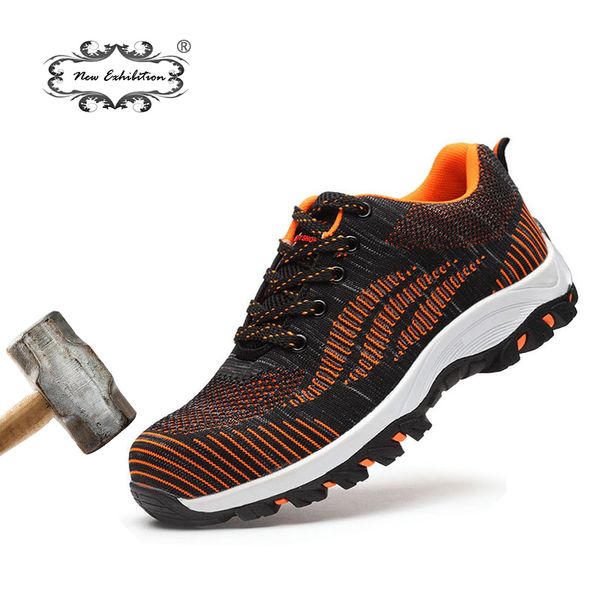 

new exhibition men safety shoes flying weave fish net uppers breathable work steel toe cap for anti-smashing puncture boots shoe, Black