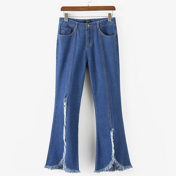 

rr zipper deckle edge jeans women fashion denim pants women elegant pockets buttons flare jeans female ladies had, Blue