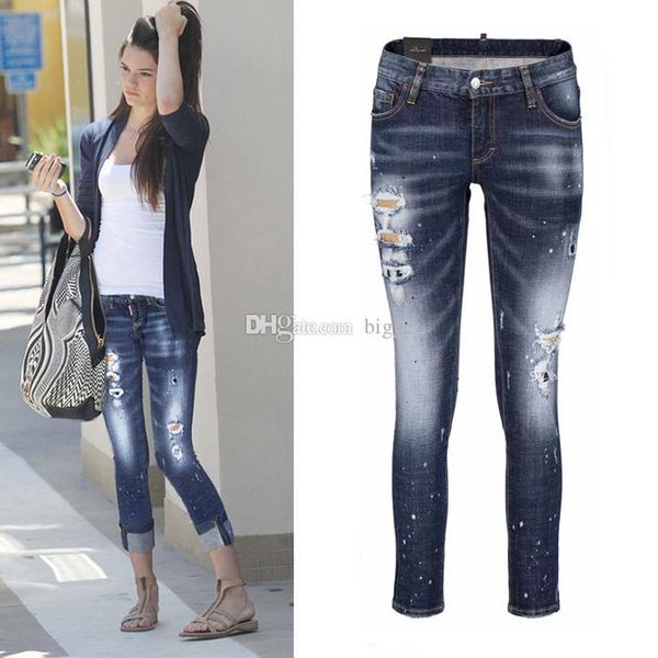 

2020 design europe fashion women distressed painted dot skinny fit ripped stone wash denim cool girl jeans