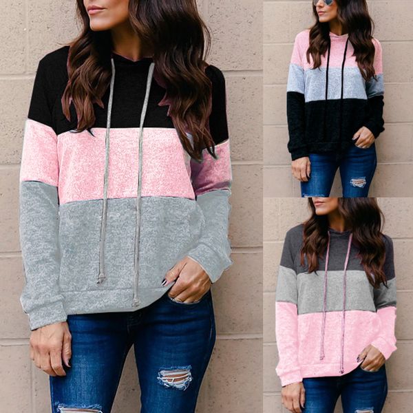 

big size xs-5xl women sweatshirt hooded cotton long sleeve striped hoodies leisure loose color stitching pullover hoodie, Black