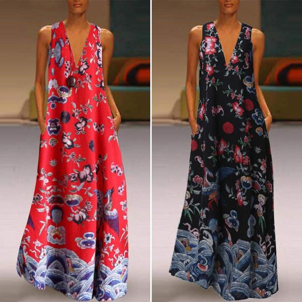 

zanzea 2020 summer sundress vintage floral printed sleeveless maxi long dress female v neck cotton linen vestido kaftan dresses, Black;gray