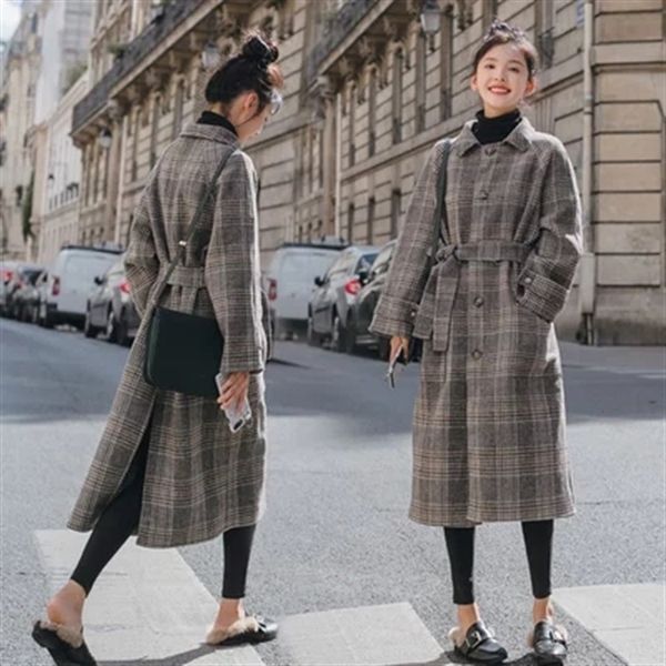 

streetwear long wool coat single breasted wool blend coat and jacket turn-down collar plaid women coats autumn winter, Black
