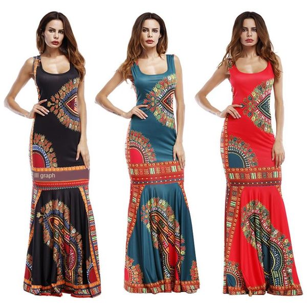 

europe and the united states women's clothing dress 2020 printed slim long dress sleeveless beach dresses, Black;gray