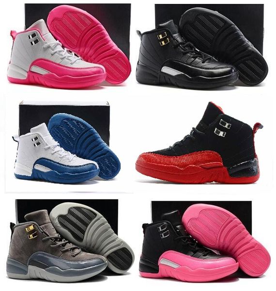 

with box boys girls 12 12s gym red hyper violet purple kids basketball shoes childrens pink white blue dark grey toddlers birthday gift, Black