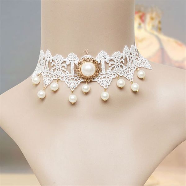 

2019 bridal pearl lace necklace party dress accessories fashion joker chain short neckband jewelry for women 08, Golden;silver
