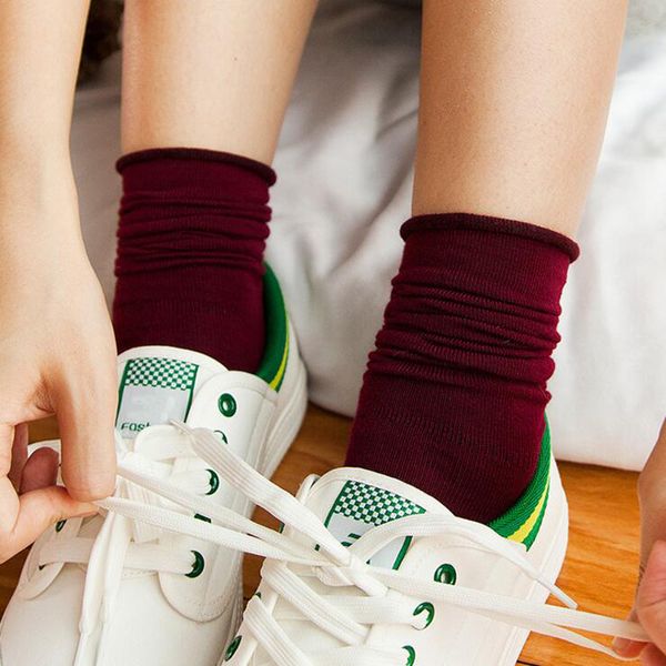 

retro socks women casual meias female knitted cotton autumn calcetines mujer nude black green wine red vintage girls qmh, Black;white