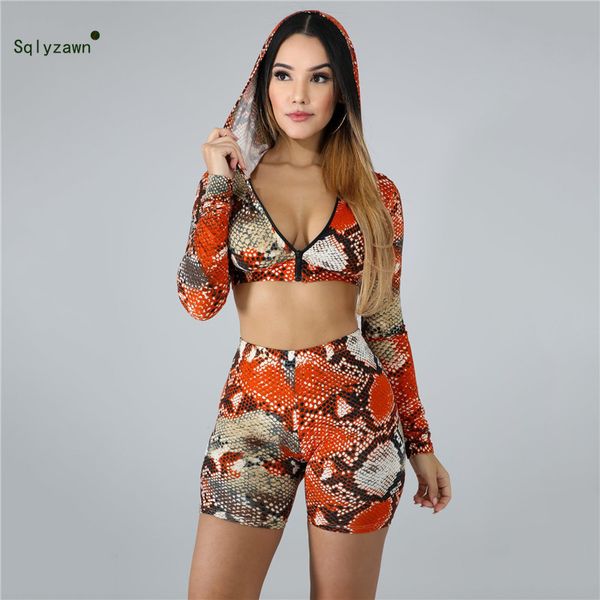 

orange snake print sexy двухфузные шорты набор женщин с длинным рукавом урожай с капюшоном топ 2 кусок набор нарядов bodycon zipper, White