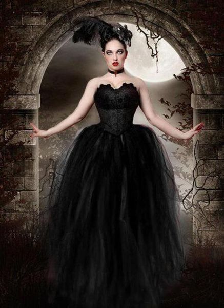 

Gothic Black Wedding Dresses Ball Gown Sweetheart Lace Tulle Floor Length Vintage Bridal Gowns 2019 Wedding Gowns