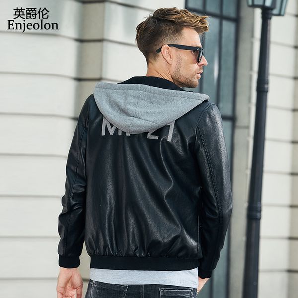 

enjeolon brand pu leather jacket men fashion 2019 black jacket cool men hat coat p380