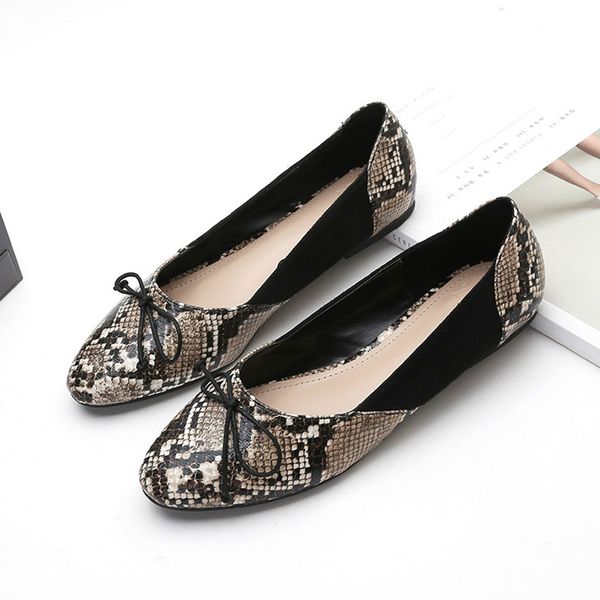 

2020 round toe shallow mouth bow women's ballet shoes plus size snake pattern elegant ladies flats comfortable slip on footwear, Black