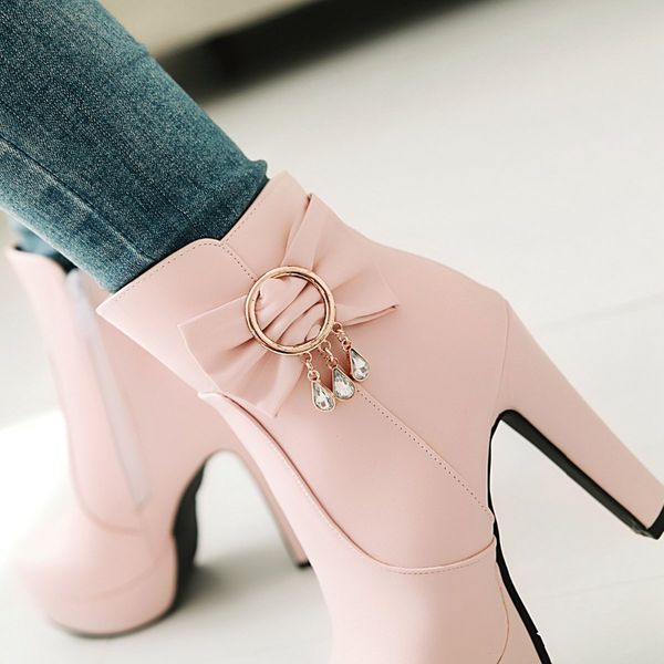 

women ankle boots woman winter shoes size 34-43 high square heels round toe zipper platform butterfly knot 2018 new design sb165, Black