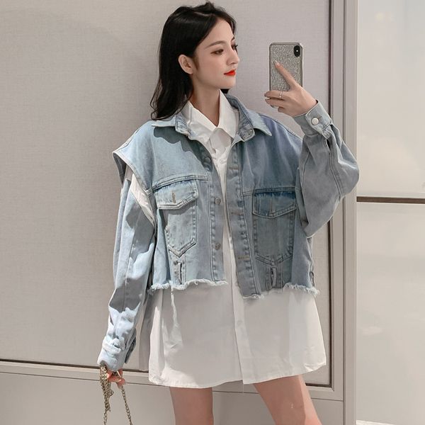

ewq] 2020 spring autumn new long sleeve stitching design trendy women shirt+sleeveless all-match denim jacket 2 piece set qx904, White