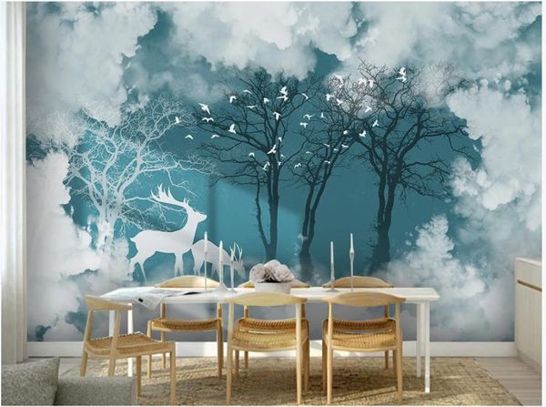 

custom wallpapers for walls 3 d murals wallpaper forest landscape, white clouds, tv, sofa, wall papers home decoration, painting