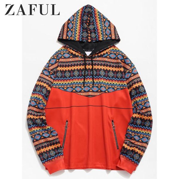 

zaful man hoodies side zipper pockets print sweatshirts ethnic style hip hop long sleeve streetwear casual pullover soft hoodie, Black