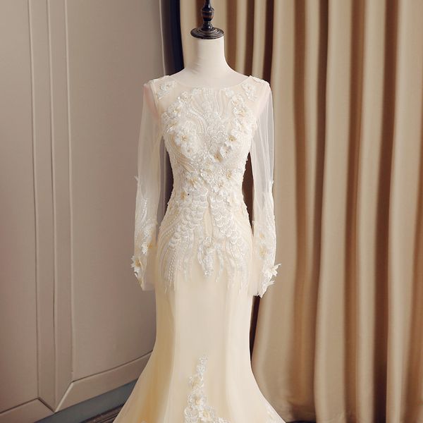 

delicate light champagne wedding dresses lace appliques pearls beading mermaid wedding dresses with long sleeves bridal gowns robe de soiree, White