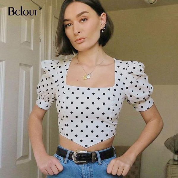 

bclout polka dot crop women blouses shirts 2020 puff sleeve summer casual shirt square collar blouse female, White