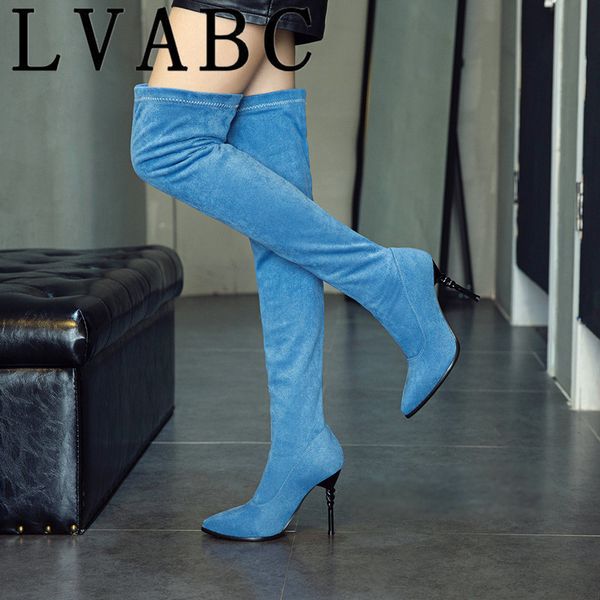 

lvabc new 2018 slim over the knee boots women faux suede thigh high boots stretch winter ladies fashion long booties 31-48, Black