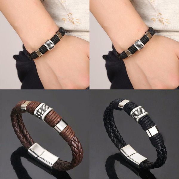 

leather titanium steel braided clasp bracelet causal retro jewelry for men and women, Golden;silver