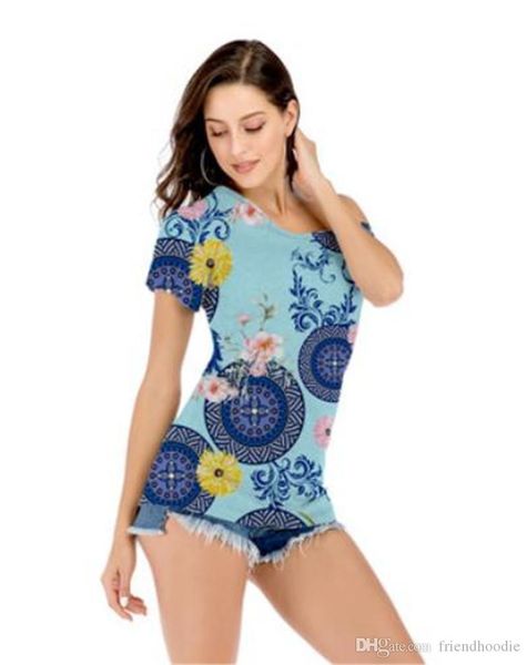 

short sleeve one shoulder collar flora printed womens tshirts loose contrast color designer ladies fashion womens tees, White