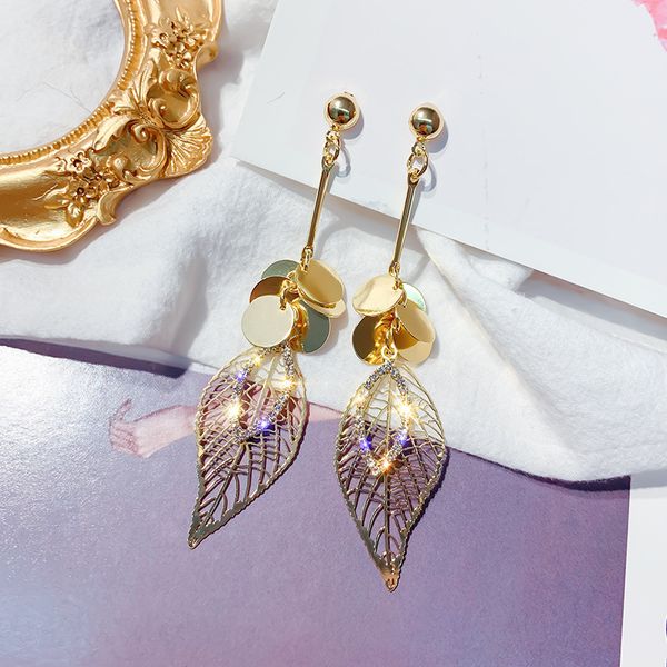 

fashion jewelry metal cutout leaf earrings gold long crystal earrings wedding party for women gift, Silver