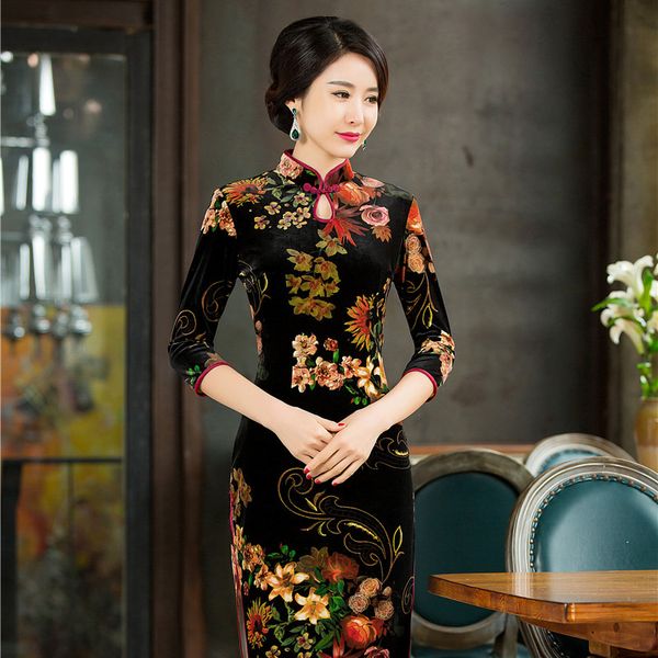 

chinese traditional women velvet dresses mandarin collar print flower slim qipao lady elegant cheongsam plus size 4xl, Red