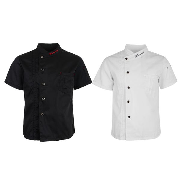 

2 pieces chef jackets coat short sleeve shirt poly-cotton kitchen uniforms, White;black