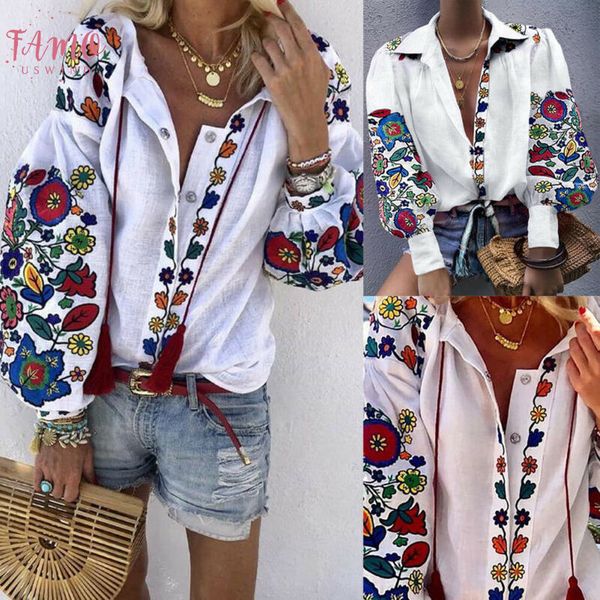 

2020 autumn women shirt v neck long sleeve decorative pattern print loose casual shirt blouse, White