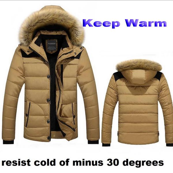 

men's warm overcoat coat hooded parka plus velvet padded fur collar coat men's winter parkas resist cold of minus 30 degrees, Black