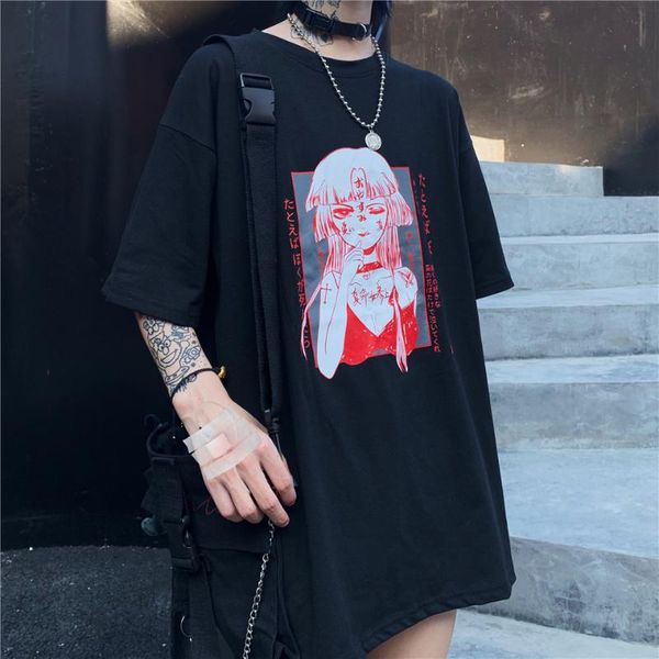 

japanese ins horror fun anime girl printing casual round neck short sleeve t-shirt street personality loose summer new couple, White