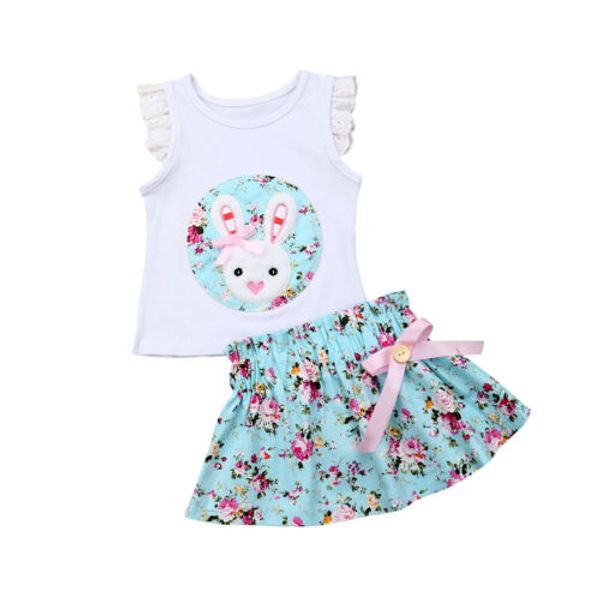 

Easter Children Toddler Baby Bibs Girls Summer Suit Floral Ruffle Rabbit Cute Tops+Bowknot Tutu Skirt Kid Outfit Clothes Set