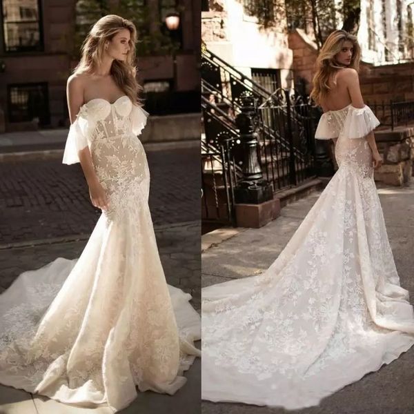 

2019 Berta Baateau White Sheath Mermaid Custom Made Lace Applique Sweep Train Elegant Wedding dress V-Neck Wedding Gown Vestidos De Novia