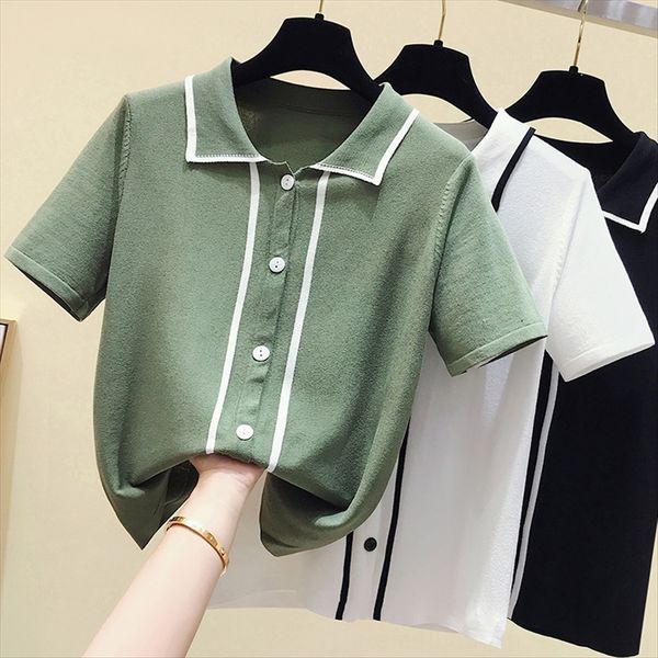 

fashion women's 2020 polo collar ice silk knitted underpants short-sleeved t-shirt women's loose base shirt top, White