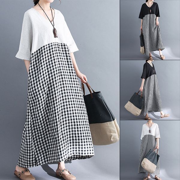

new women summer cotton and linen plaid printed v-neck halt sleeve a-line dress female robes casual loose long dress maxi, Black;gray