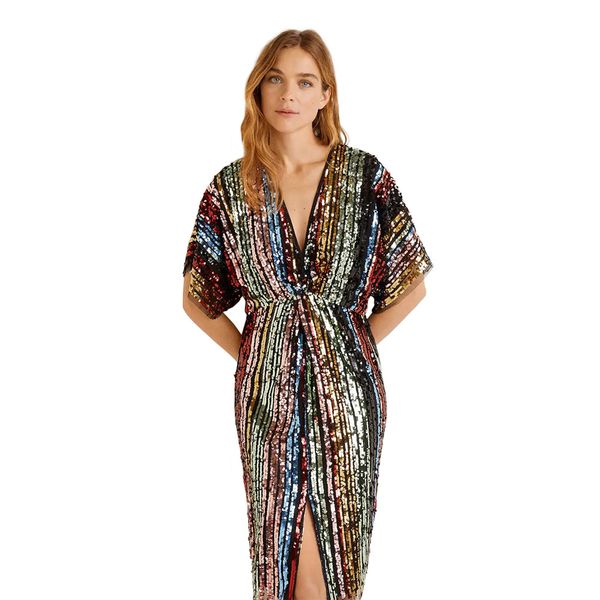 

ins years of the new european and american-style deep v-neck short-sleeve colorful sequins asymmetric slit dress-on behalf of sale, White;black