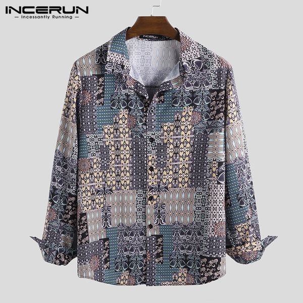 

incerun 2019 men shirt printed retro long sleeve ethnic style lapel neck camisa breathable chic street hawaiian men brand shirts, White;black