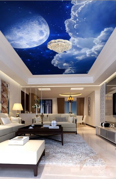 Custom Painting Night Sky Moon Clouds Ceiling Wall Mural Modern Designs 3d Living Room Bedroom Ceiling Wallpaper Papel De Parede Backgrounds