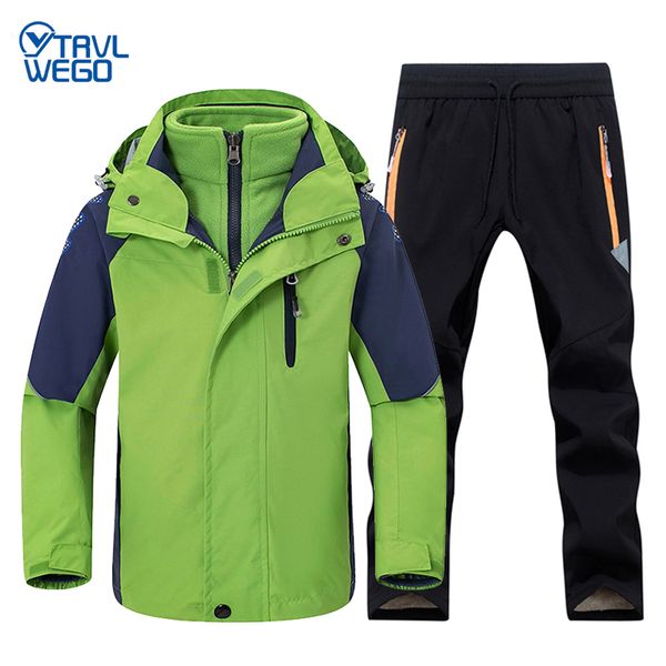 

trvlwego girl hiking jacket and pant winter warm camping suit windproof outdoor children clothing set kids ski sets for boys, Blue;black