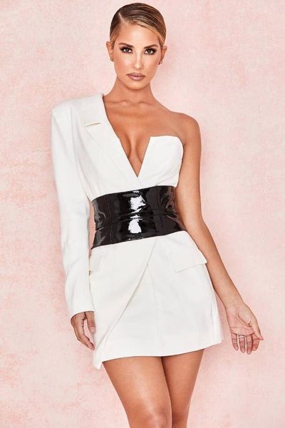 

one shoulder black whtie dress celebrity sashes mini style bodycon night club evening party dresses, Black;gray