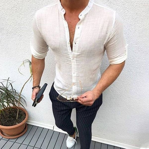 

2019 european and american-style new style men's shirt selling solid color casual stand-collar long-sleeve cotton linen shir, White;black