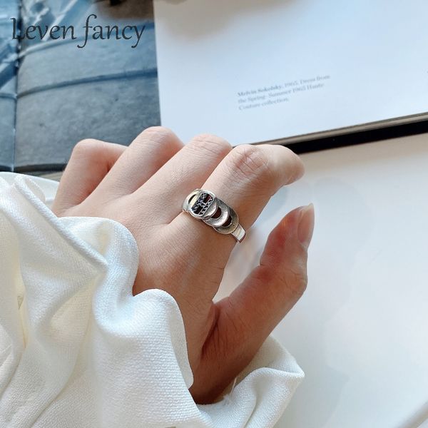 

black diamond overlapping ring vintage 925 sterling silver stackable initial h circles stacking open ring 925 women jewelry gift, Golden;silver