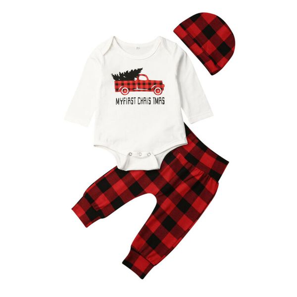 

stock 1st christmas kid baby boy romper plaids pants hat 3pcs outfit set, White