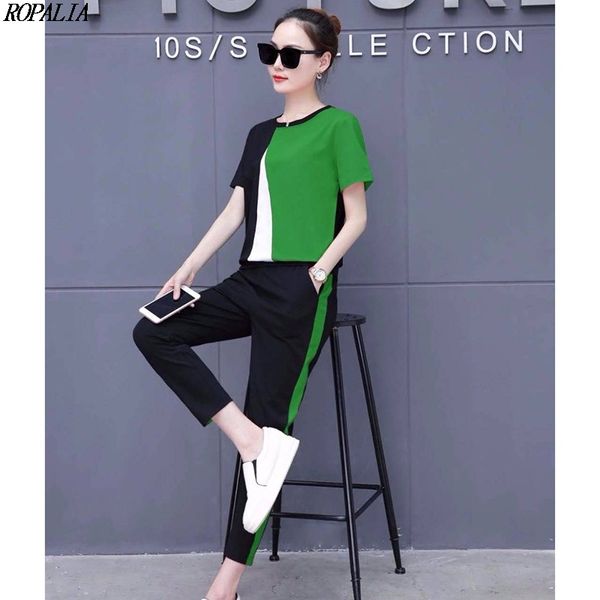 

2 pieces set women summer fashion o-neck color block and ankle-length pockets elastic waist pants, White