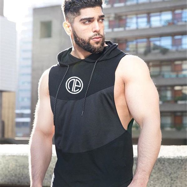 

new men tank gyms workout fitness bodybuilding sleeveless hooded vest male breathable basketball practice vest undershirt, White;black