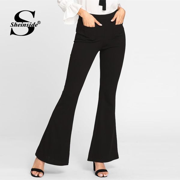 

sheinside black mid waist pants women 2019 spring casual flare leg pant office lady elegant basic solid workwear long pants, Black;white