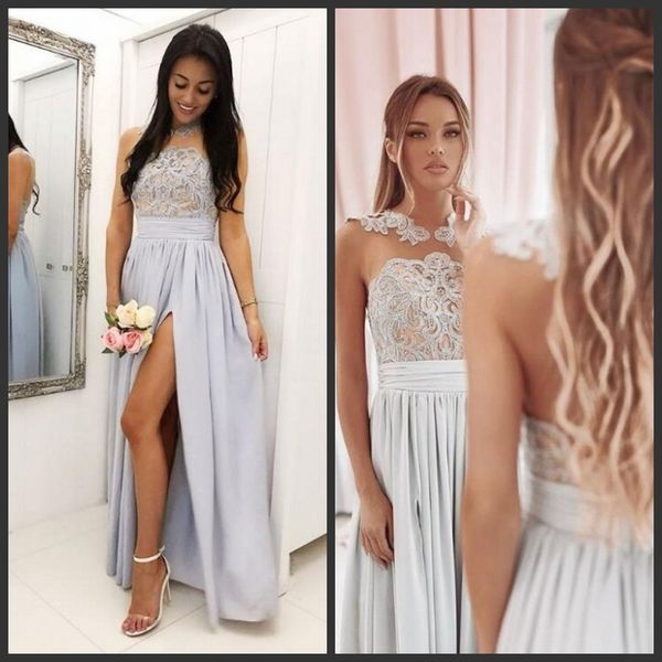 

bridesmaid dresses jewel sheer neck lace appliques maid of honor dresses chiffon side split floor length wedding guest dresses, White;pink