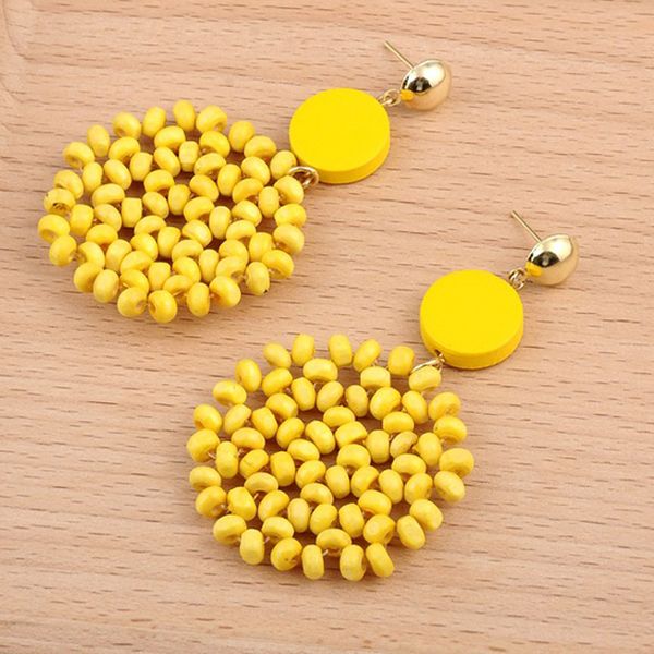 

korean handmade yellow wooden dangle earrings for women geometric simpme round long drop earrings femme jewelry accessory, Silver