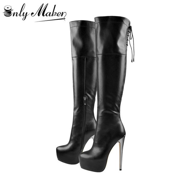 

onlymaker women's platform zip 16cm high heel stiletto stretch over the knee high boot plus size us5~us15 women boots, Black