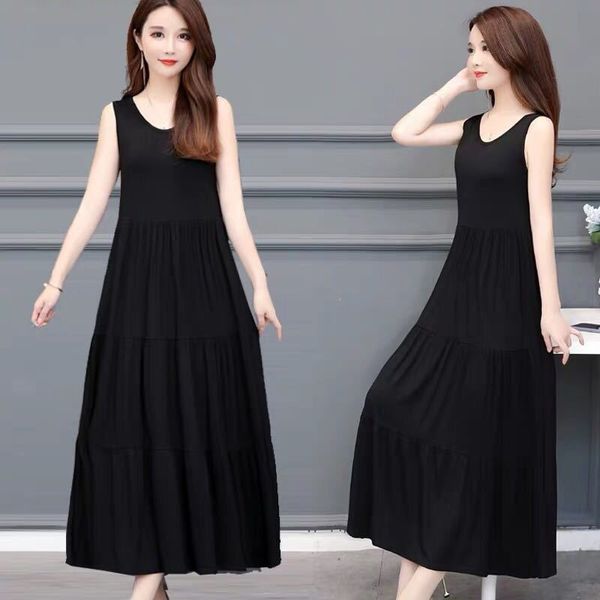 

casual dresses 2021 summer women modal solid patchwork pleated office ladies plus size 5xl ruffles cake long vestidos t55, Black;gray