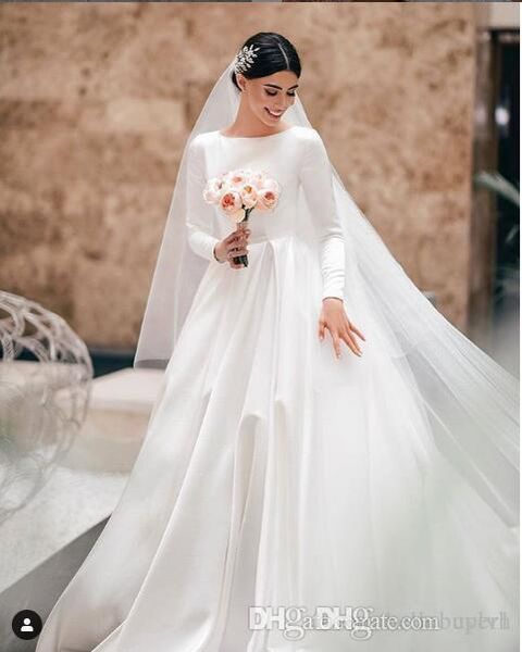

white a line satin muslim long sleeve wedding dresses bridal gowns vestido de novia country wedding gowns nigeria 2019 vestito da