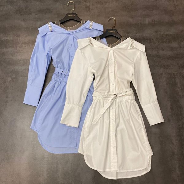 

знаменитости 2020 весна новый с плеча алмазные бусины пояс талии средней длины рубашка платье женская тонкая длинная блузка топы, White